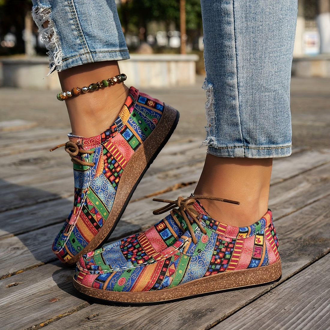 Cosima Boho Patchwork Lace-Up Loafers
