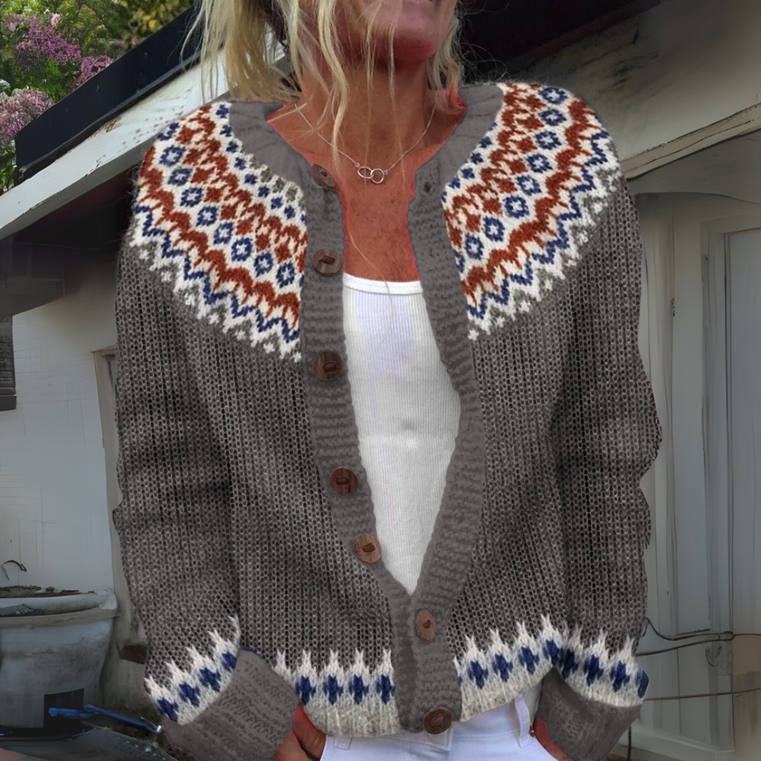 Gilda Fair Isle Crew Neck Button Cardigan