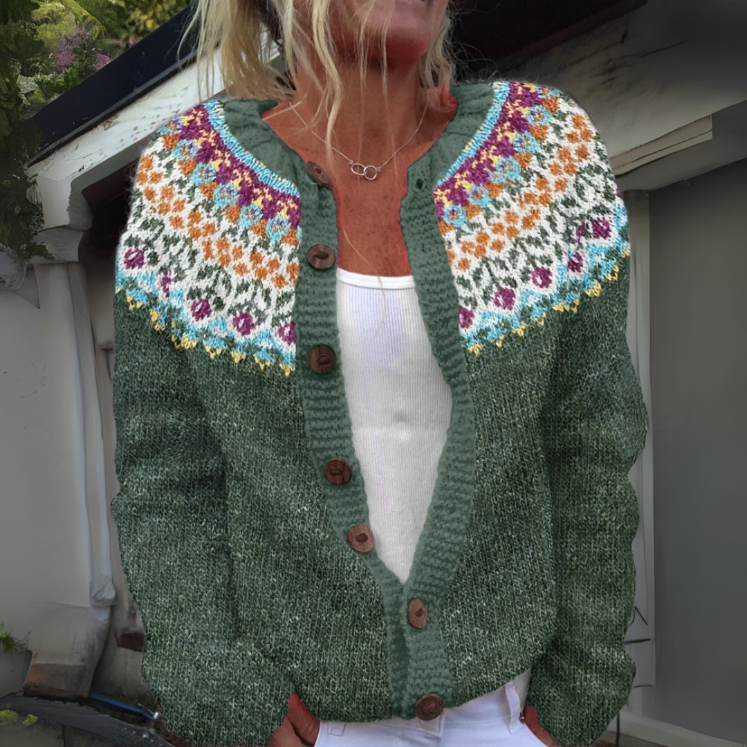 Nessa Floral Fair Isle Crew Neck Button Cardigan