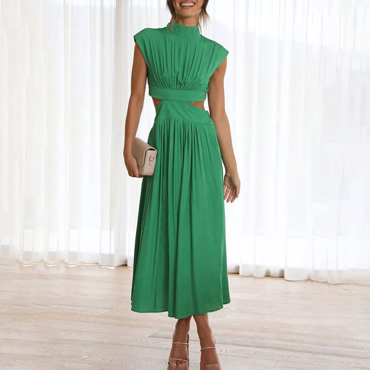 Women's Cutout Waist Pleated Dress | Midi