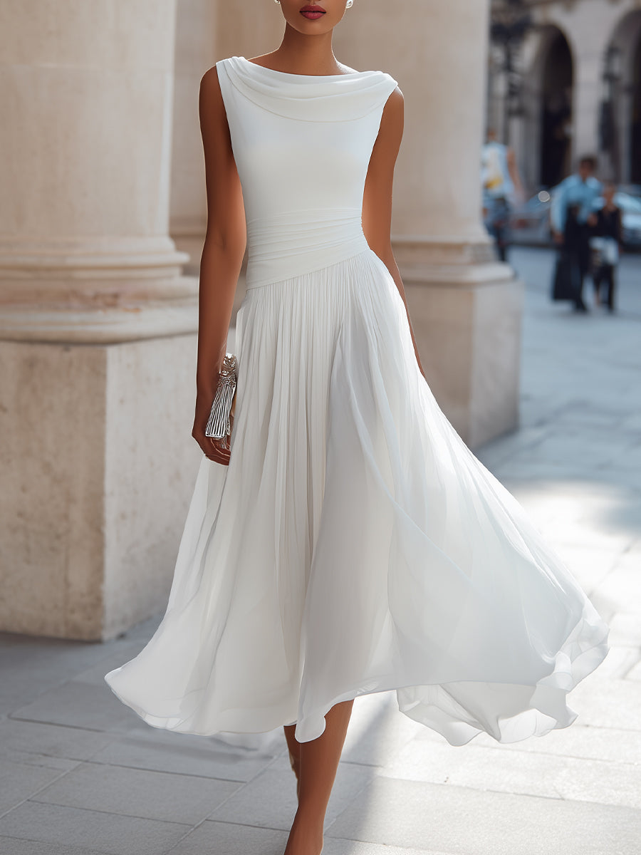 Women's Draped Neck Pleated Dress | Midi