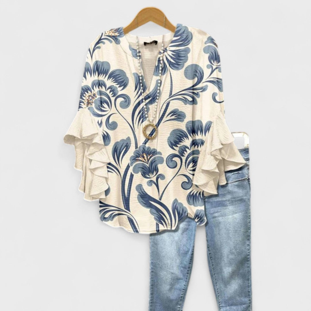 Women's Floral Ruffle Sleeve Blouse | V-Neck