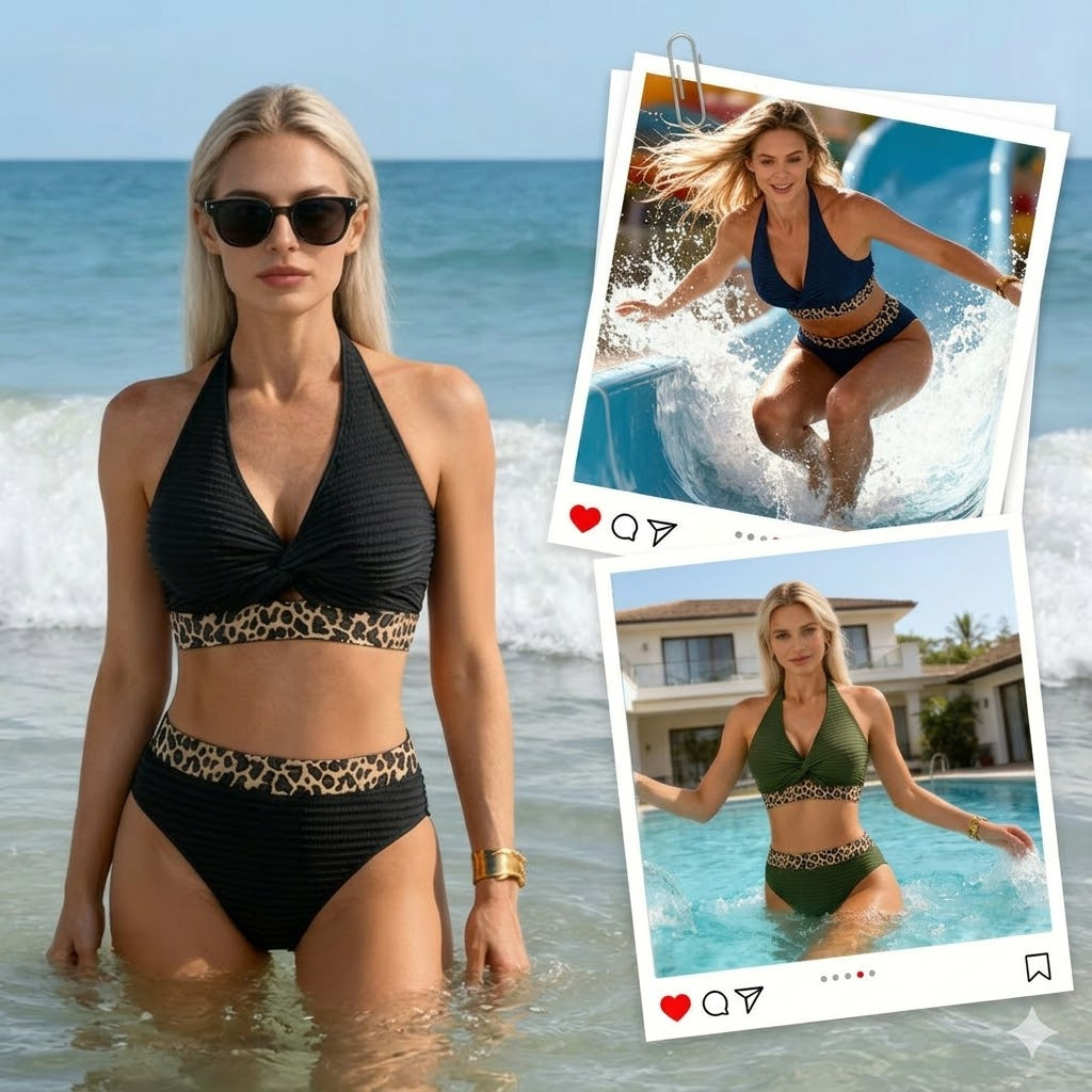 Women's Halter Leopard Trim Bikini Set | High Waist