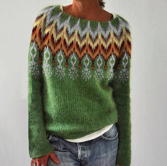 Saga Crew Neck Nordic Patterned Knit Sweater