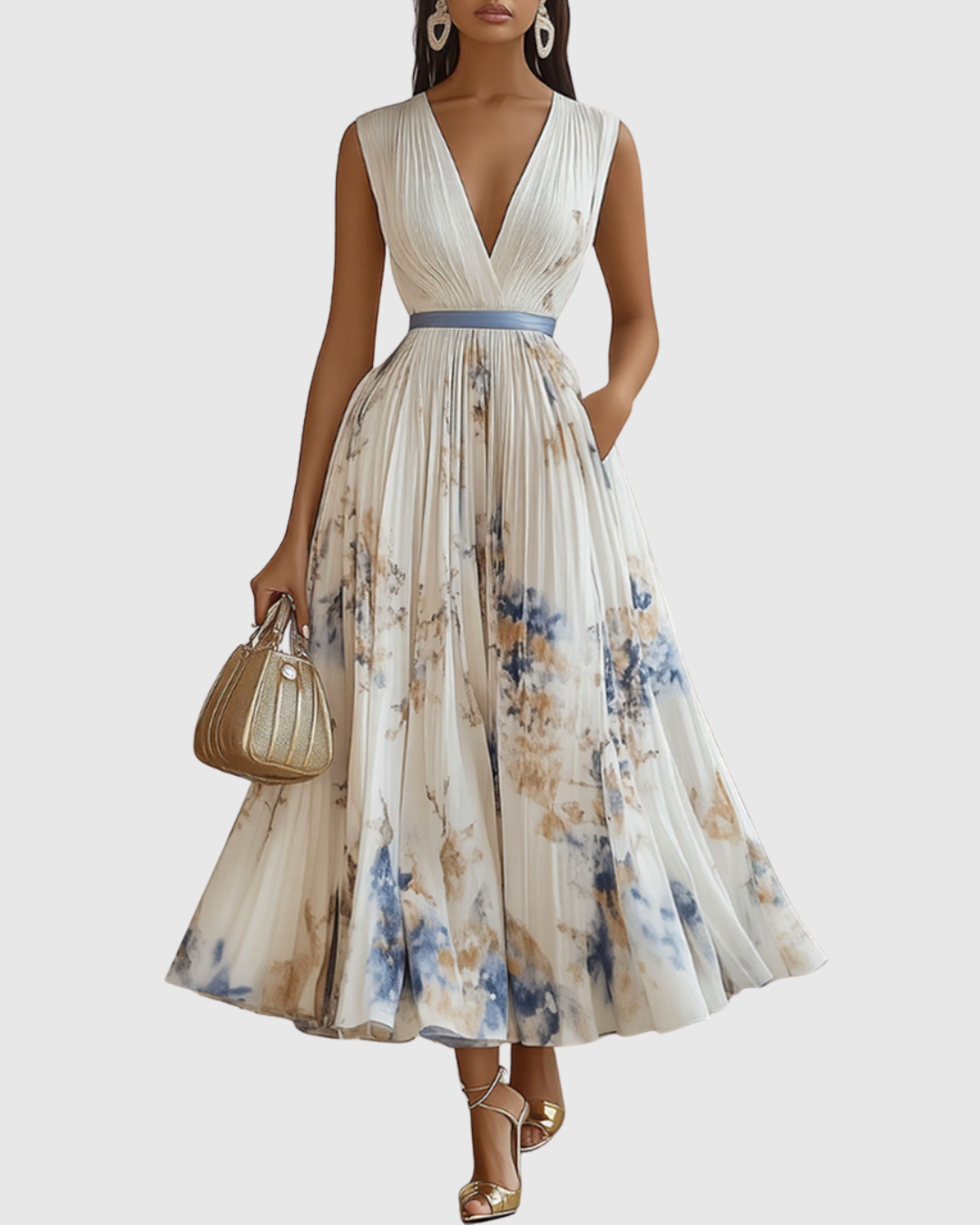 Women's Pleated V-Neck Dress | Maxi