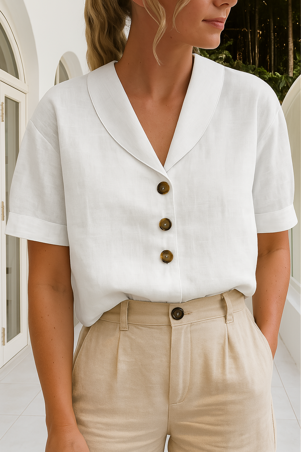 Women's Shawl Collar Button Blouse | Short Sleeve