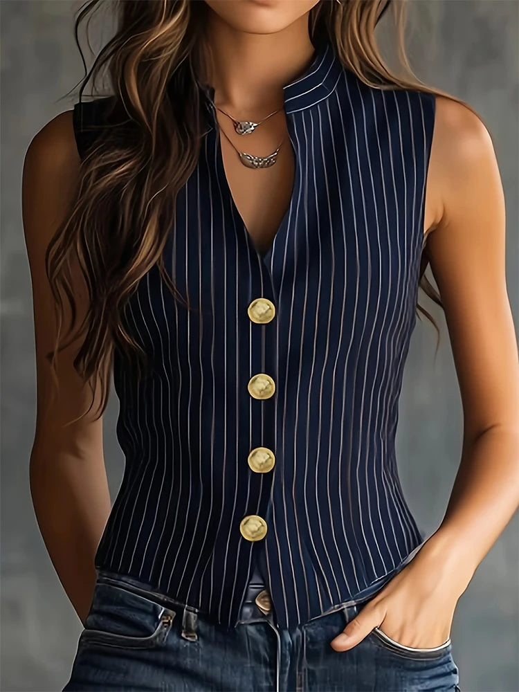 Women's Sleeveless Striped Blouse | Stand Collar