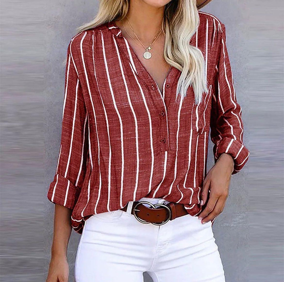 Women's Striped Button Front Blouse | Roll-Tab Sleeve