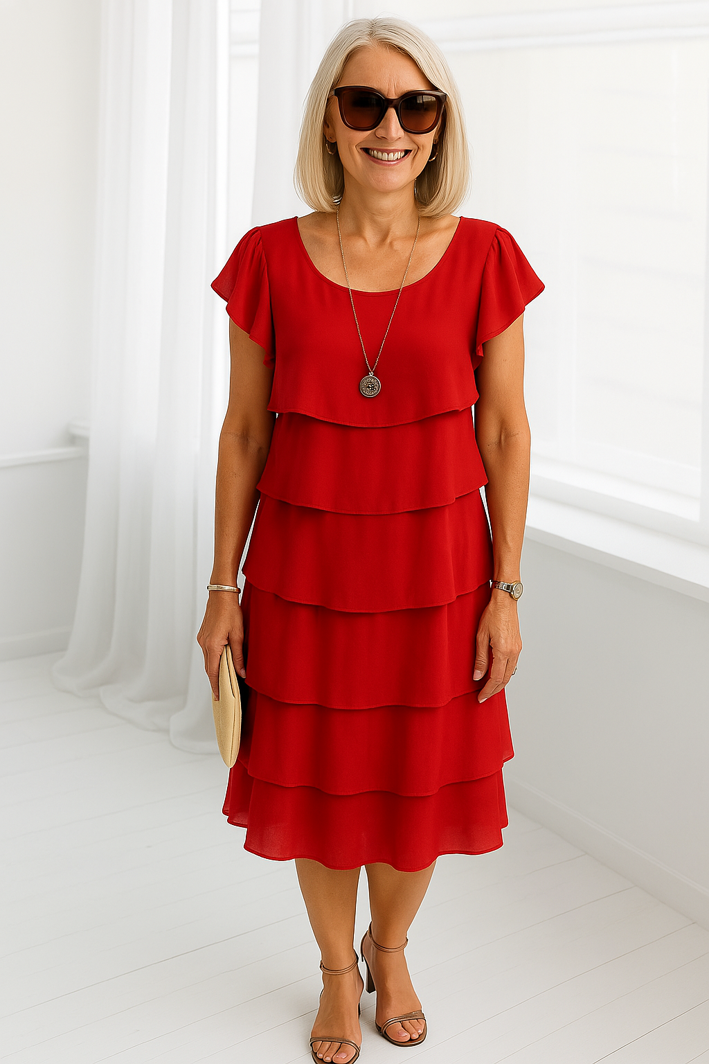 Women's Tiered Ruffle Short Sleeve Dress | Midi