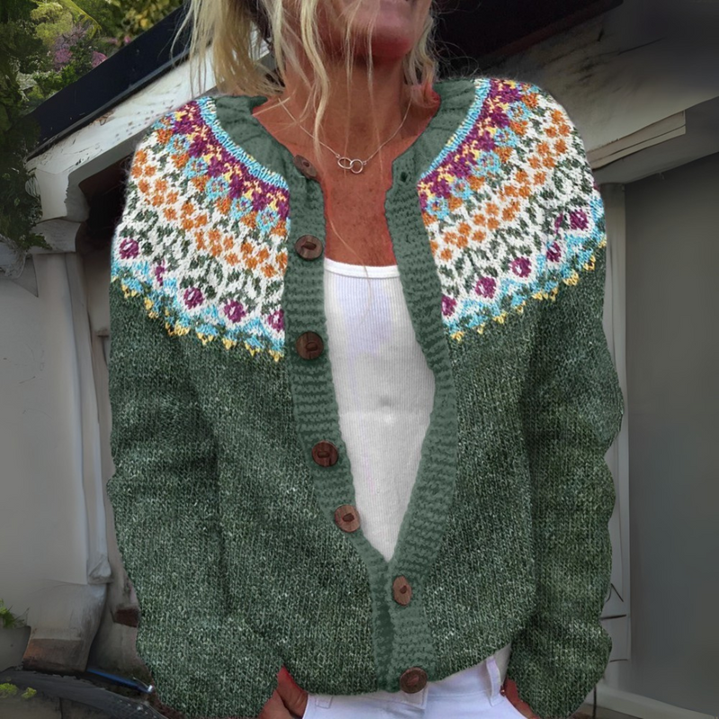 Nessa - Floral Fair Isle Crew Neck Button Cardigan