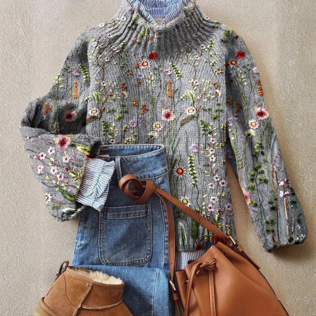 Olive Floral Embroidered Mock Neck Sweater