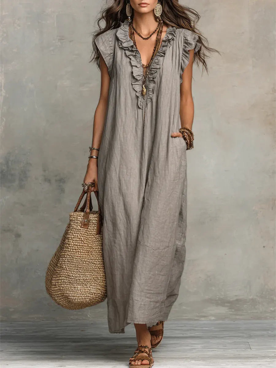 Women's Boho Ruffle V-Neck Dress | Maxi