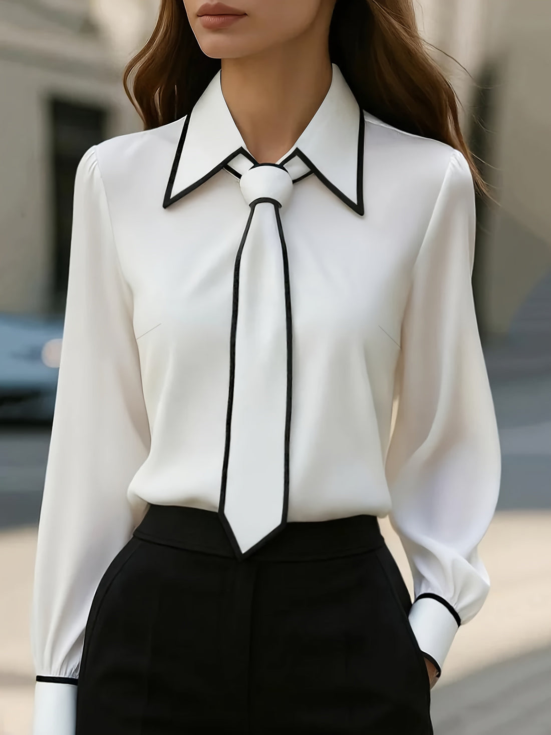 Women's Contrast Trim Tie-Neck Blouse | Long Sleeve