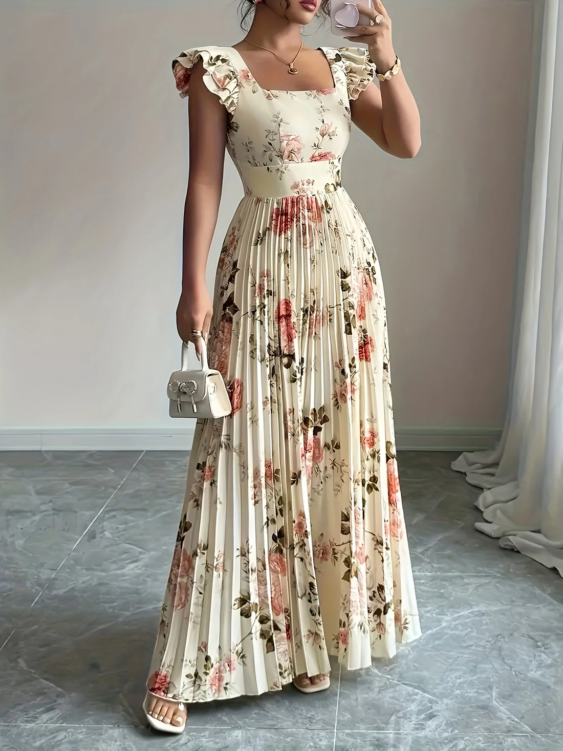 Women's Floral Pleated Square Neck Dress | Maxi