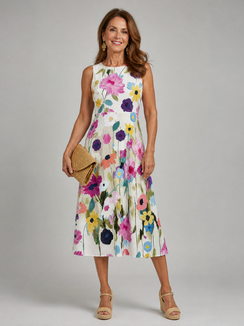 Women's Floral Sleeveless Midi Dress | Round Neck