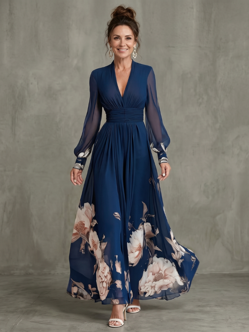 Women's Floral V-Neck Maxi Dress | Long Sleeve