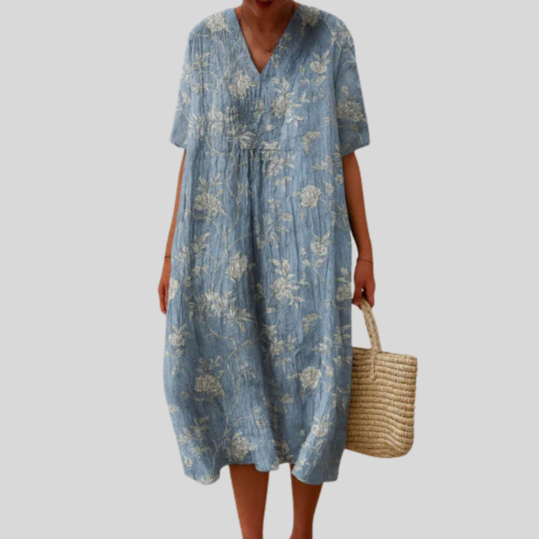 Women's Floral V-Neck Midi Dress | Short Sleeve