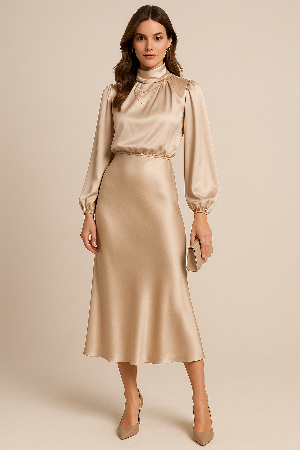 Women's High Neck Long Sleeve Dress | Midi