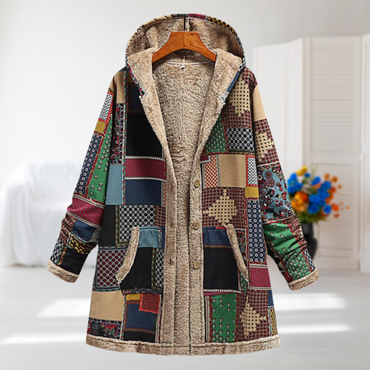 Chantal Button Front Hooded Patchwork Coat
