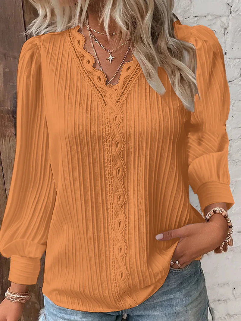 Women's Lace Trim V-Neck Blouse | Long Sleeve