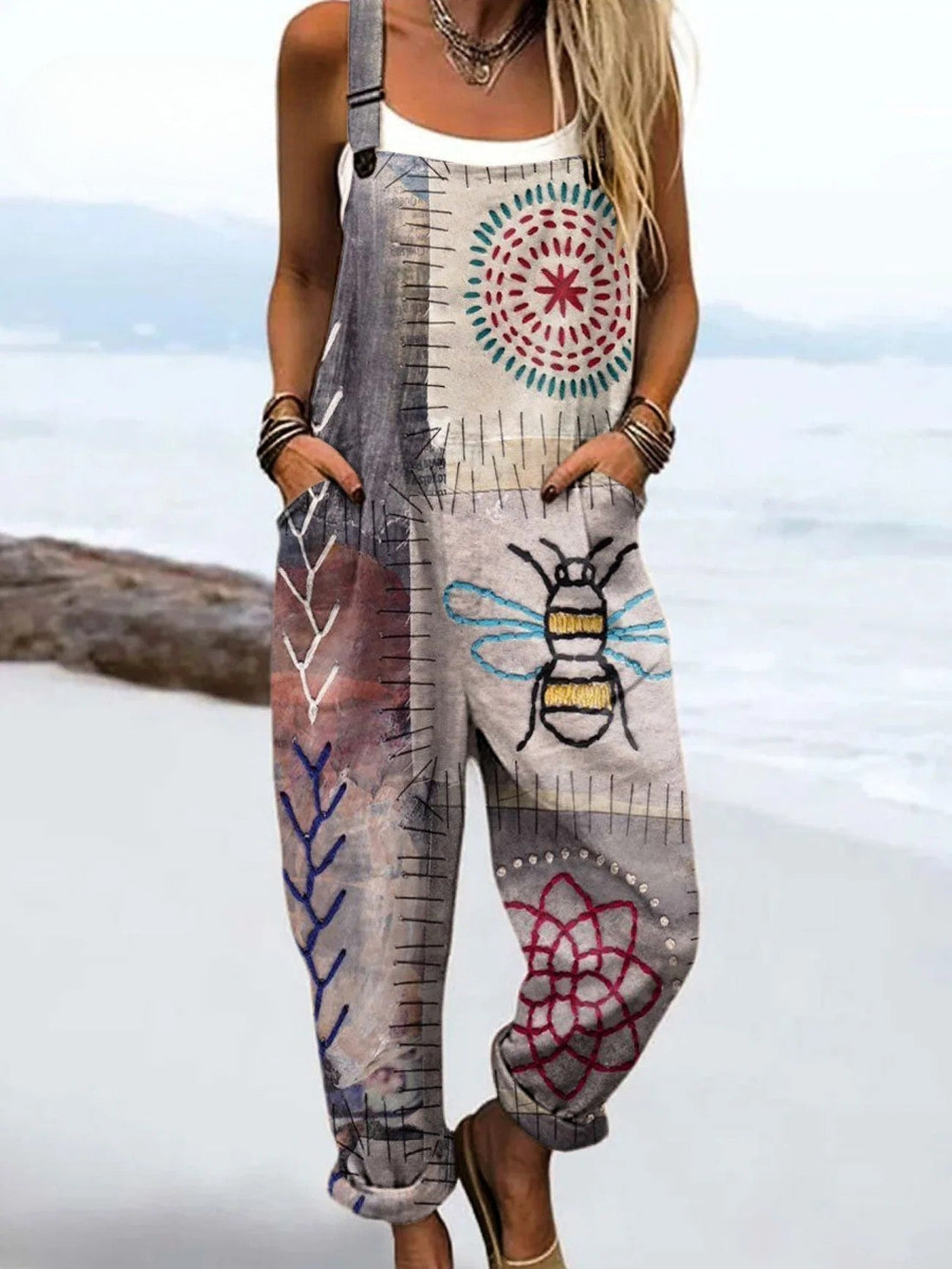 Women's Printed Sleeveless Overalls | Pockets