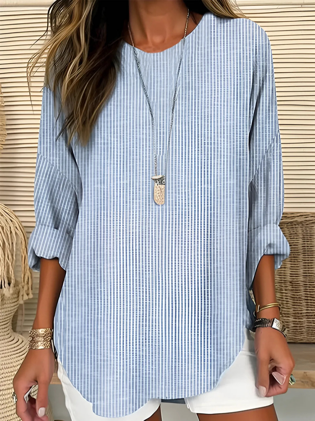 Women's Round Neck Striped Blouse | Long Sleeve