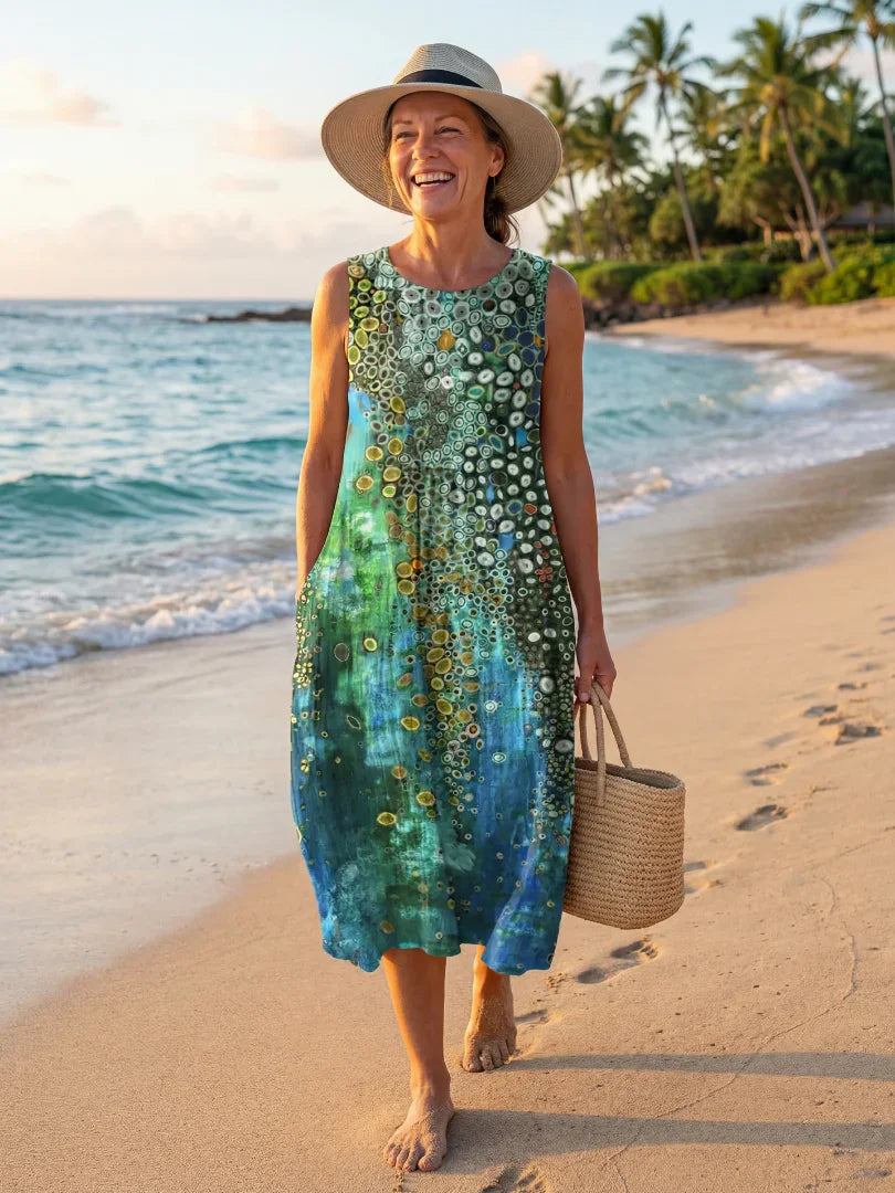Women's Sleeveless Printed Midi Dress | Round Neck
