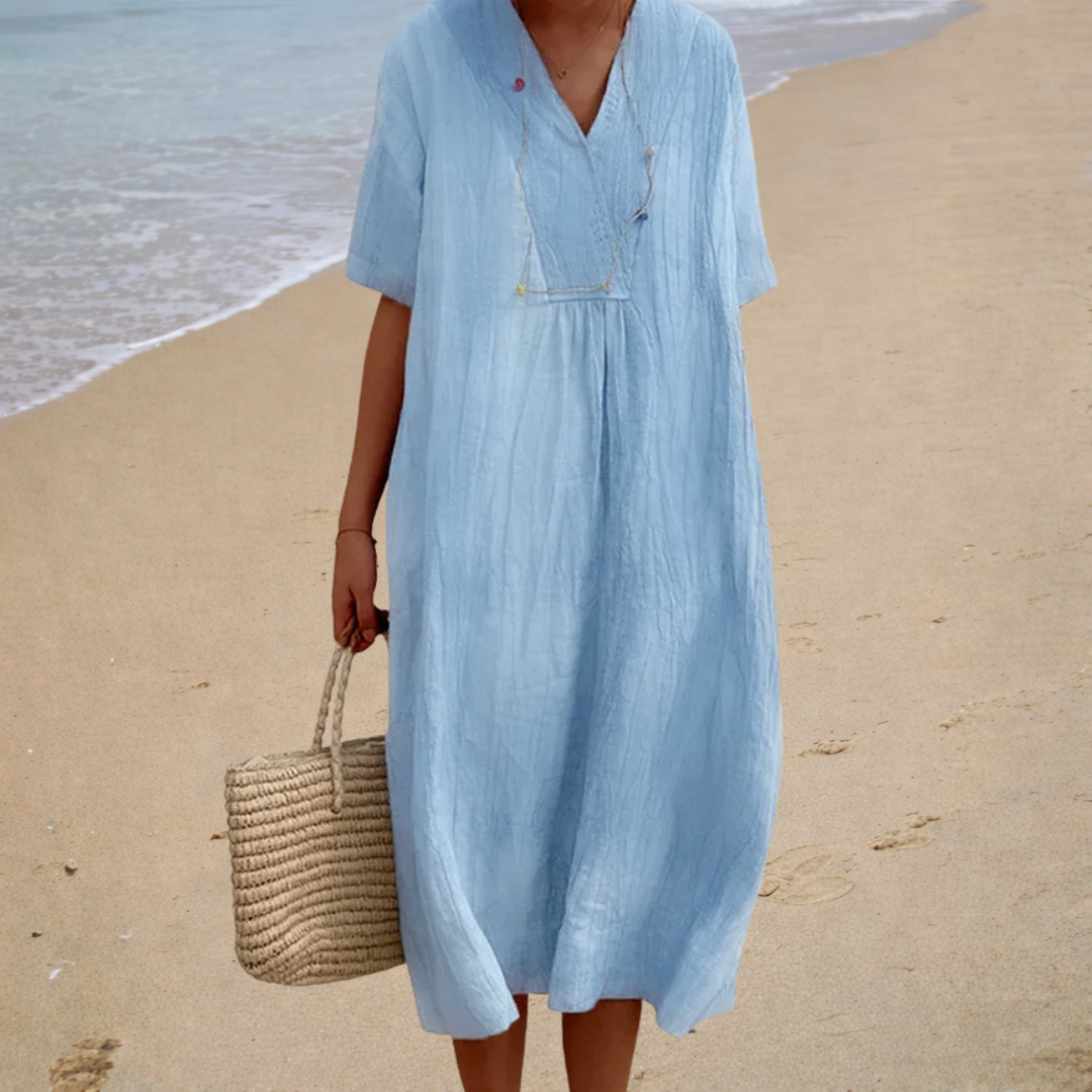 Women's V-Neck Relaxed Midi Dress | Short Sleeve