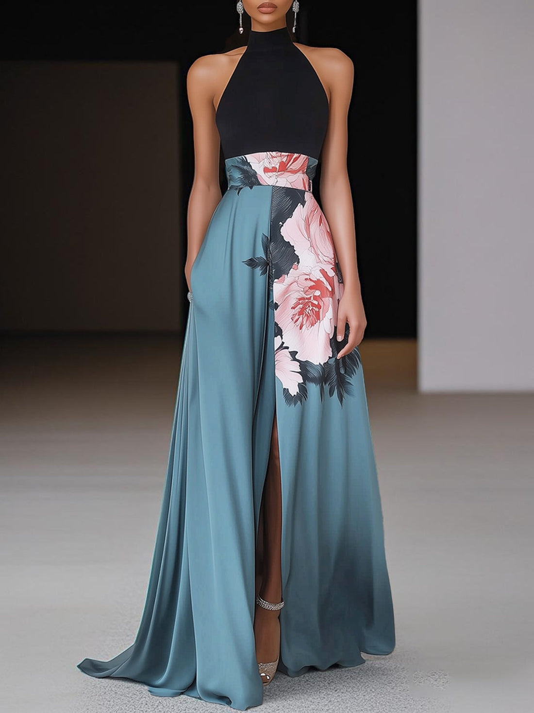 Women's Halter Floral Evening Dress | Maxi